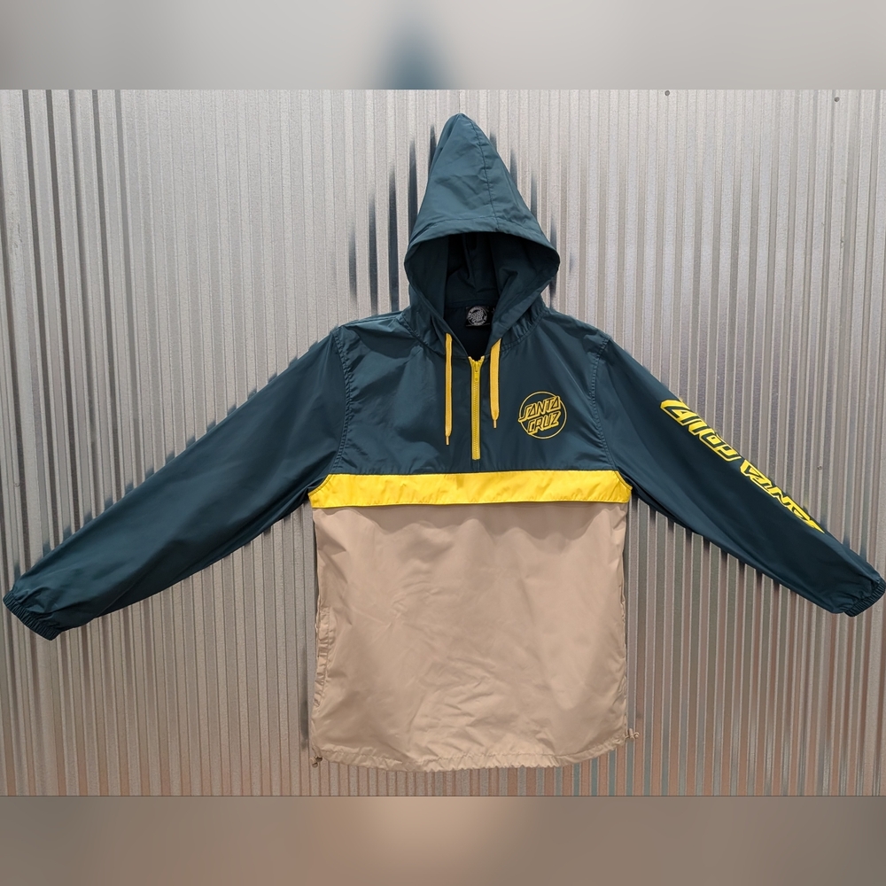 Men's Large Santa Cruz Skateboards Hooded Anorak Windbreaker in Teal and Beige